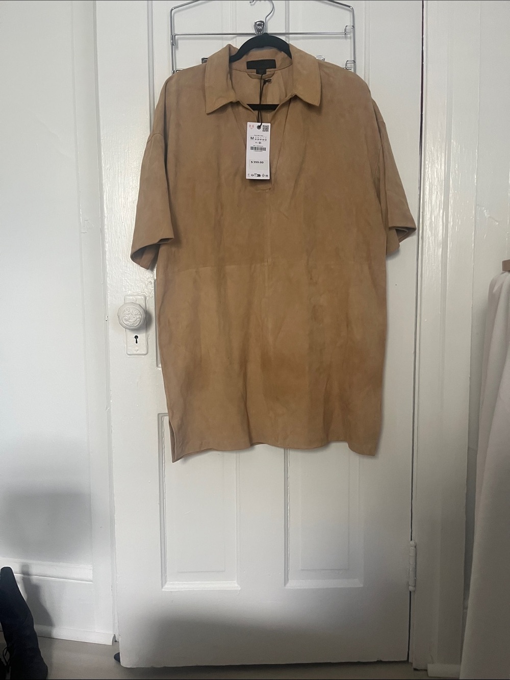 Zara 100%Suede Leather Oversized Beige Shirt Dress - Picture 3 of 8